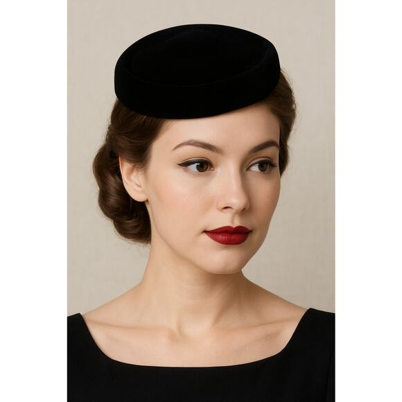 Vtg 1950s Valerie Modes Black Velvet Cocktail Hat Fascinator Pillbox - Picture 1 of 5